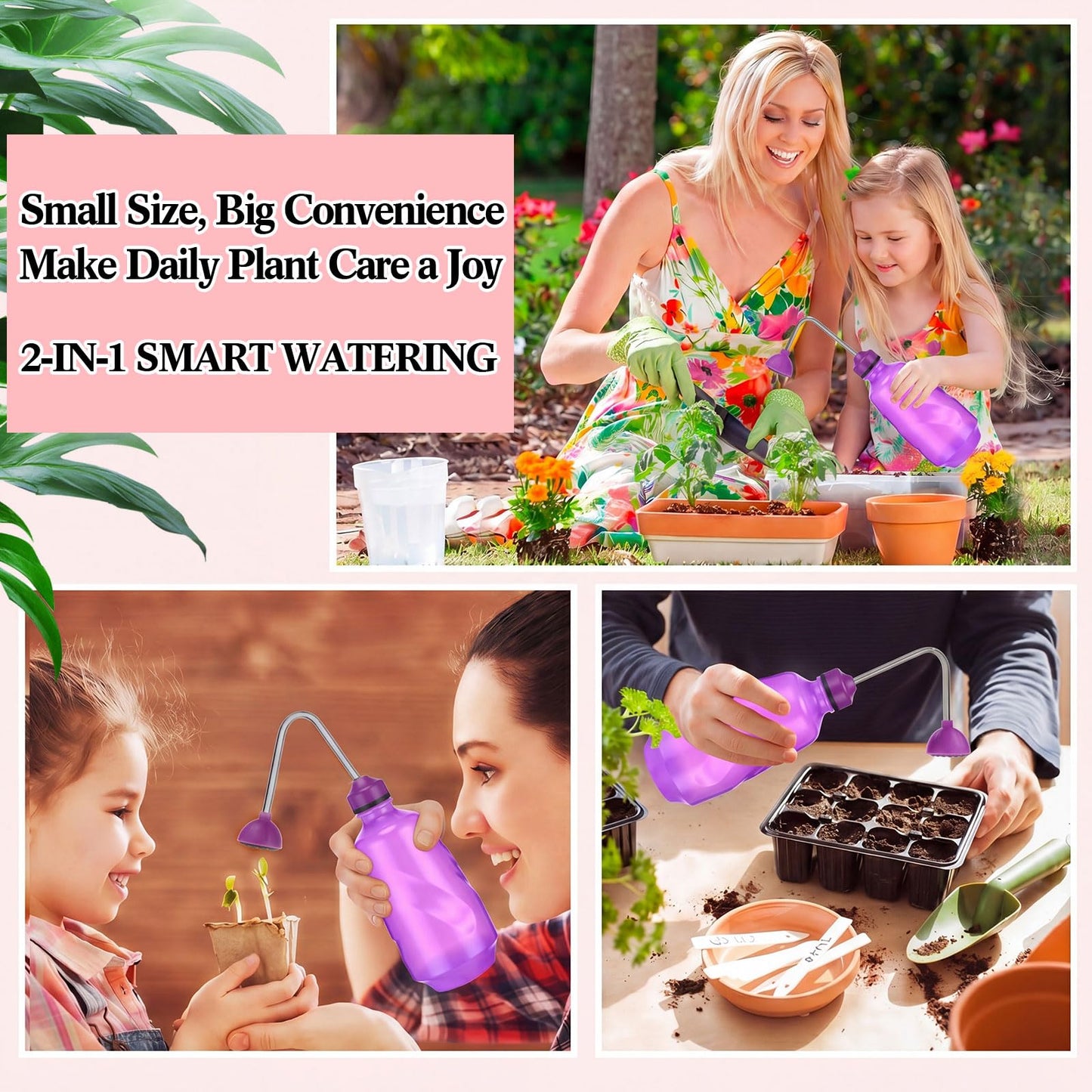 Reallnaive 1/2 Gallon Long Spout Watering Can Set for Indoor & Outdoor Plants – Includes Spray Bottle, Squeeze Bottle, Watering Globes & Soil Moisture Meter for Garden & House Plants(Pink)