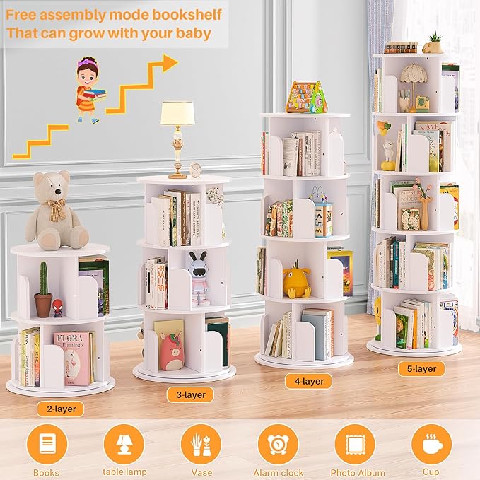 Aheaplus Rotating Bookshelf, 360 Display Wood Spinning Bookshelf Tower