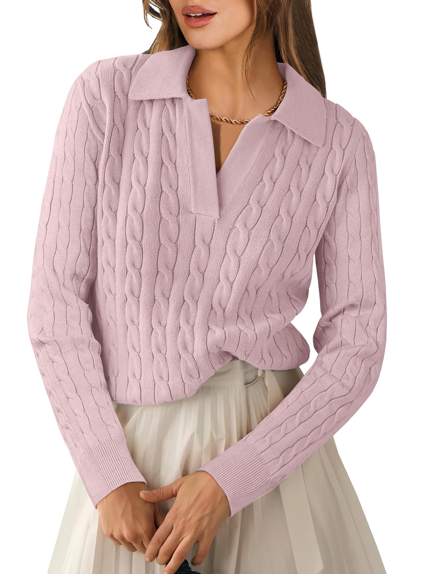 ANRABESS Womens Cable Knit Sweaters Long Sleeve V Neck Sweater Tops Casual Pullover Polo Shirts 2025 Fall Fashion Outfits