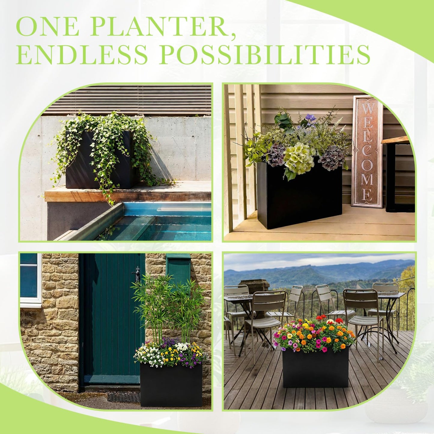 Novabright Deep Metal Planter Box 12" L x 4.5" W x 10" H - Rectangular Indoor Planter Box for Window Outdoor Railing Balcony, Removable Insert Shelf & Drainage Holes for Deep Root Plants Flowers