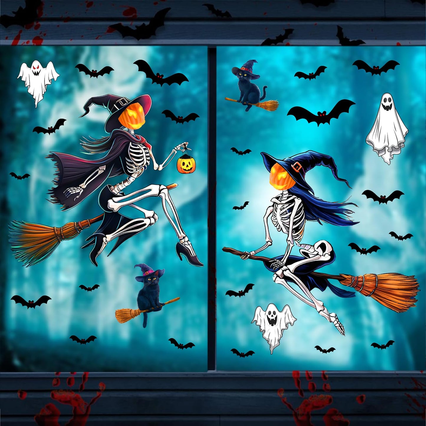 Halloween Window Decorations Decals Scary Skeleton Witches Window Stickers Double-Sided Bats Ghost Clings for Glass Removable Reusable Black Cat Static Decal for Indoor Outdoor Home Holiday Supplies
