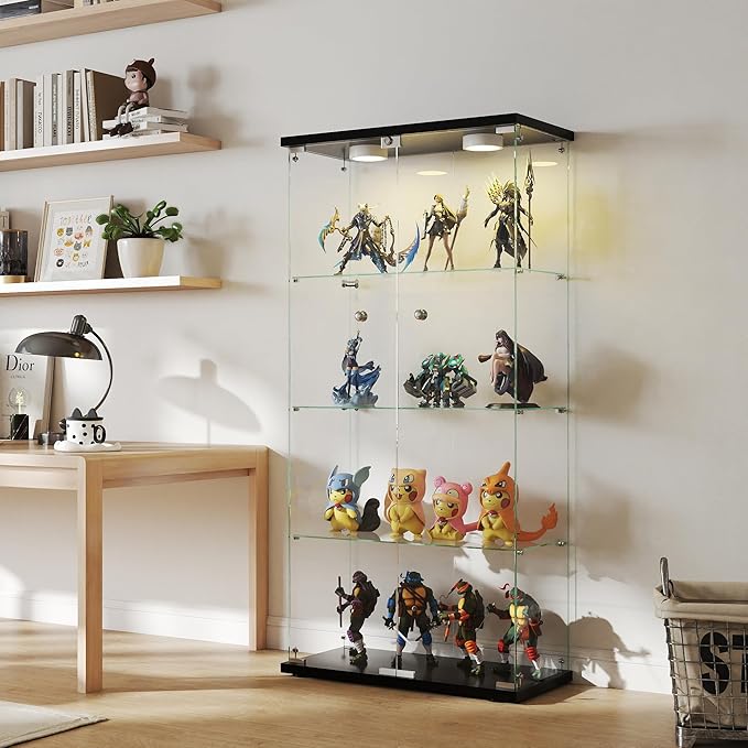 Display Cabinet with Light, Glass Door and Lock, 4-Shelf Fast Installation in