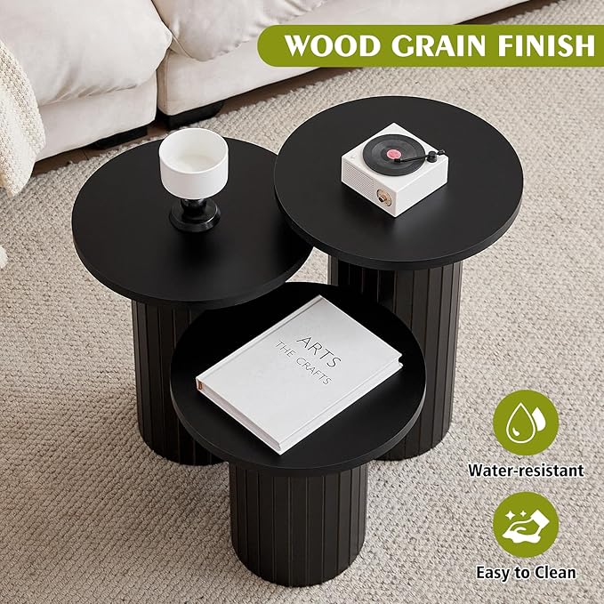 Round Side Tables Set of 3, Circle Modern Fluted Nesting Coffee Table, Accent