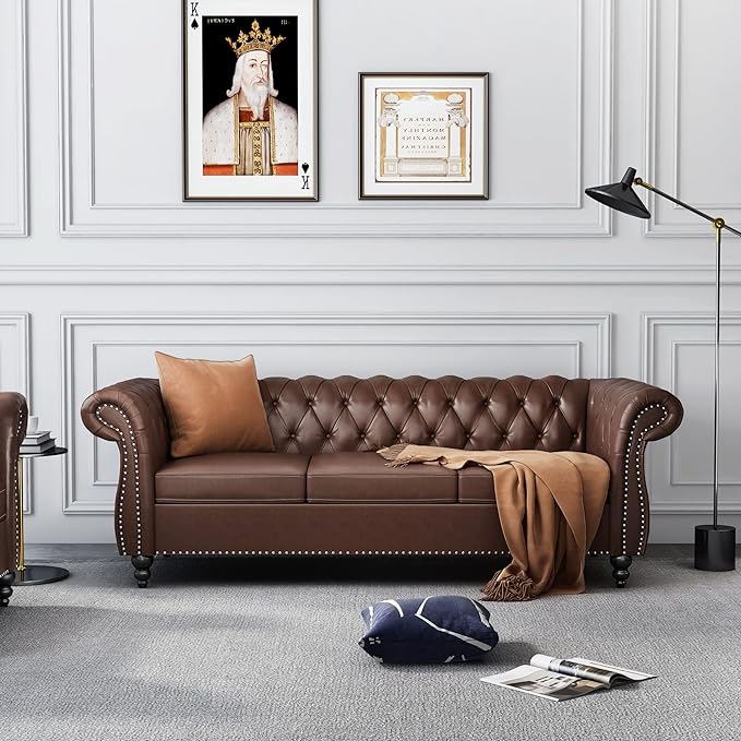 ORRD 2 Piece Living Room Set, Chesterfield Leather Sofa Loveseat Couch