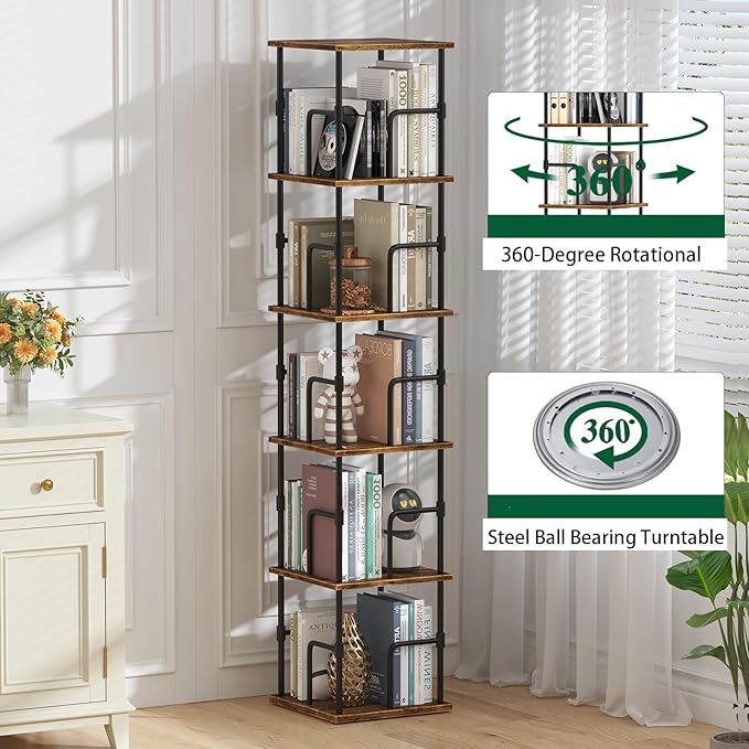 5-Tier Rotating Bookshelf, Freestanding Corner Bookshelf, 360° Spinning