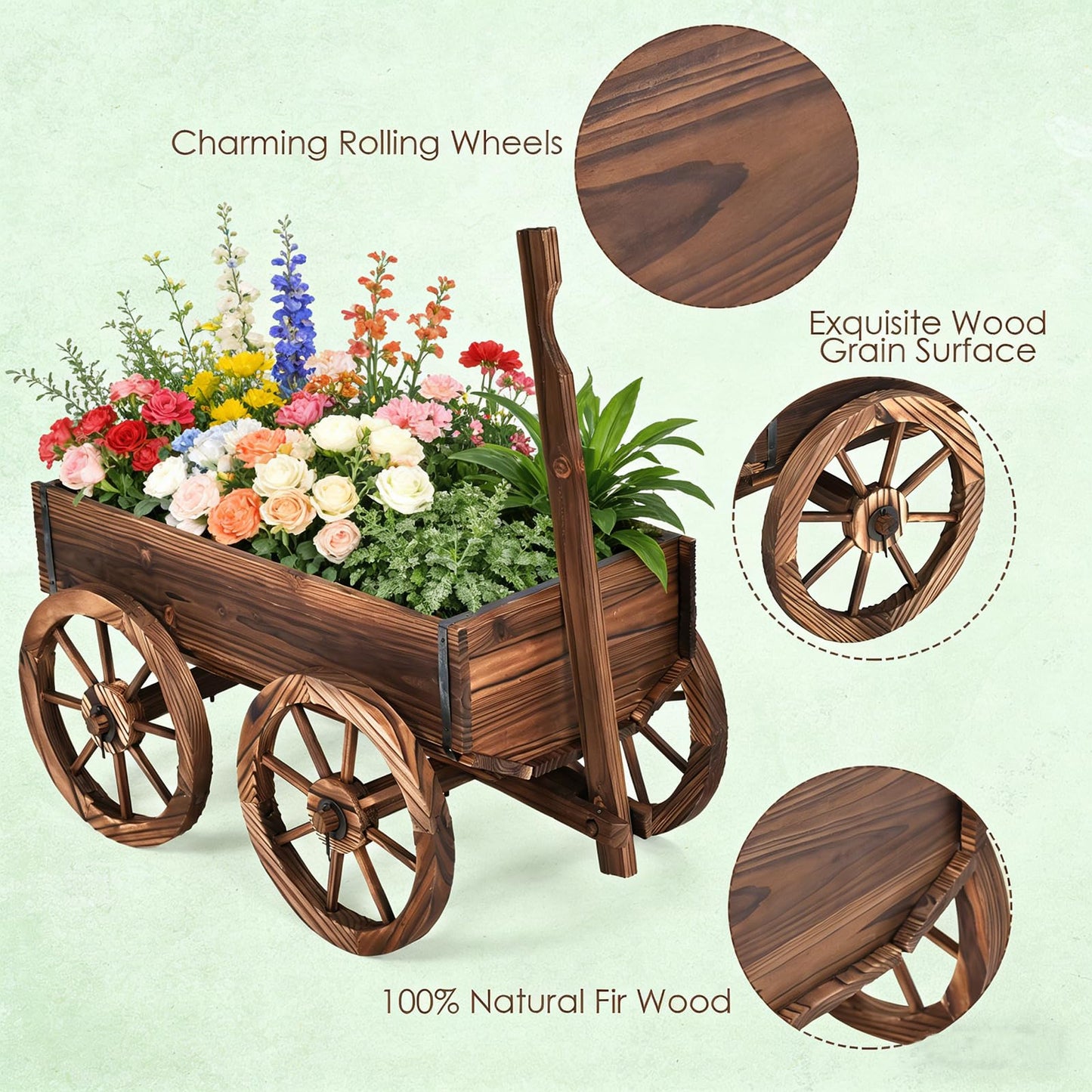COSTWAY Wood Wagon Flower Planter Pot Stand with Wheels for Home, Garden, Indoor, Outdoor, Decor