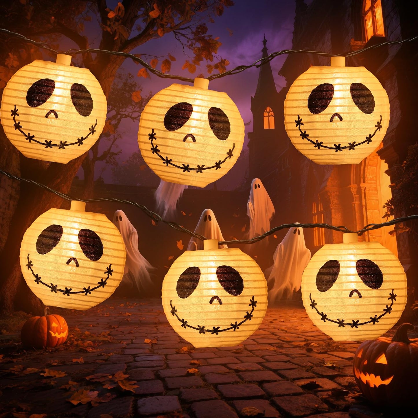 Brillarlights Halloween Decorations Ghost Lantern String Lights Plug in, 10 Pack Ghost Jack Skellington White Lantern Lights with Black Cord, Spooky Lights Outdoor for Halloween Spooky Mantel Decor
