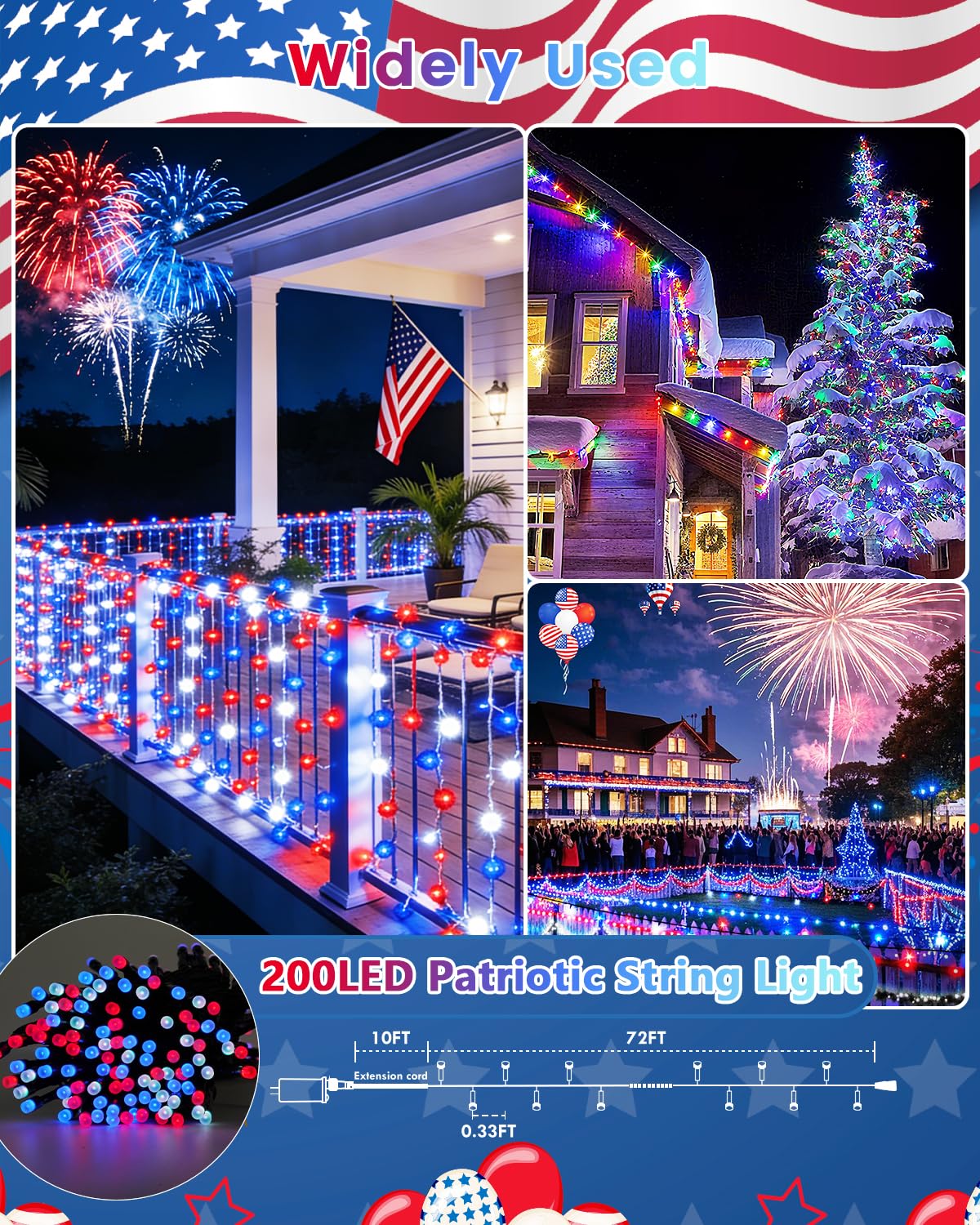 200LED Smart 4th of July String Lights | 82FT App Controlled Red White and Blue American Flag Lights, Waterproof Patriotic RGB Color Changing String Lights with Remote & Timer Outdoor for Memory Day