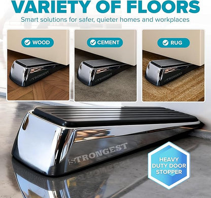 STRONGEST HOME Stoppers for Bottom of Door – Heavy Duty Metal Rubber Door Stopper, Non-Slip Door Stop for Heavy Doors, Works on Wood, Tile & Carpet Floors, Wedge Chrome 1 PC + 1 White Wall Protectors