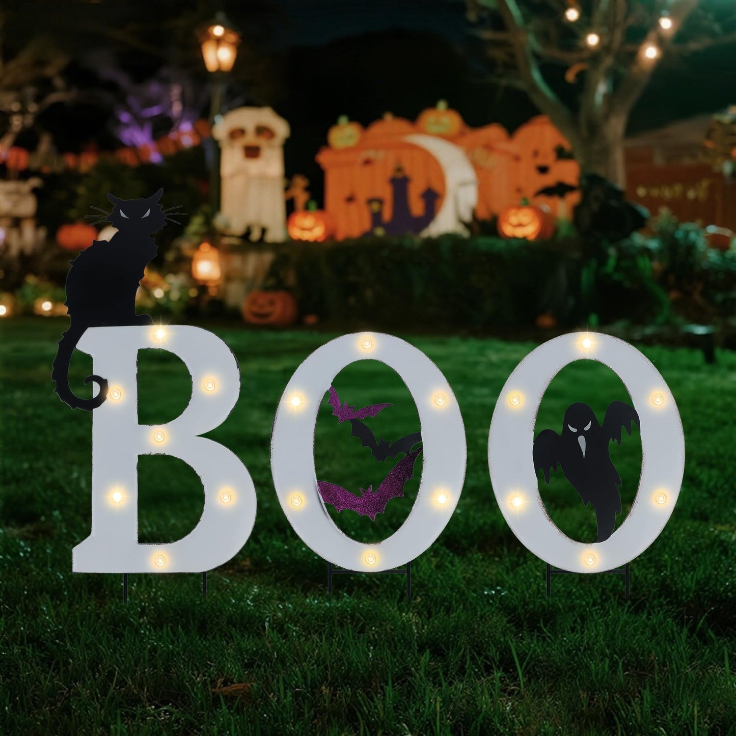 Prsildan 3 Pack Halloween Decorations Outdoor -Solar Powered Lighted Boo Yard Sign with Bats, Cat & Ghost, Waterproof Metal Lawn Stakes for Front Yard, Porch, Garden - Spooky Halloween Party Decor