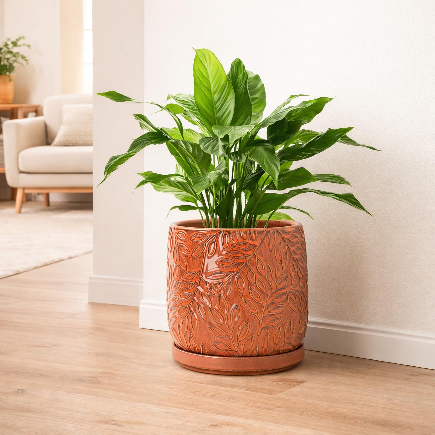 D'vine Dev 8 Inch Embossed Leaves Stoneware Planter Pot with Drainage Hole and Saucer, Pumpkin, 27-A-Q-J