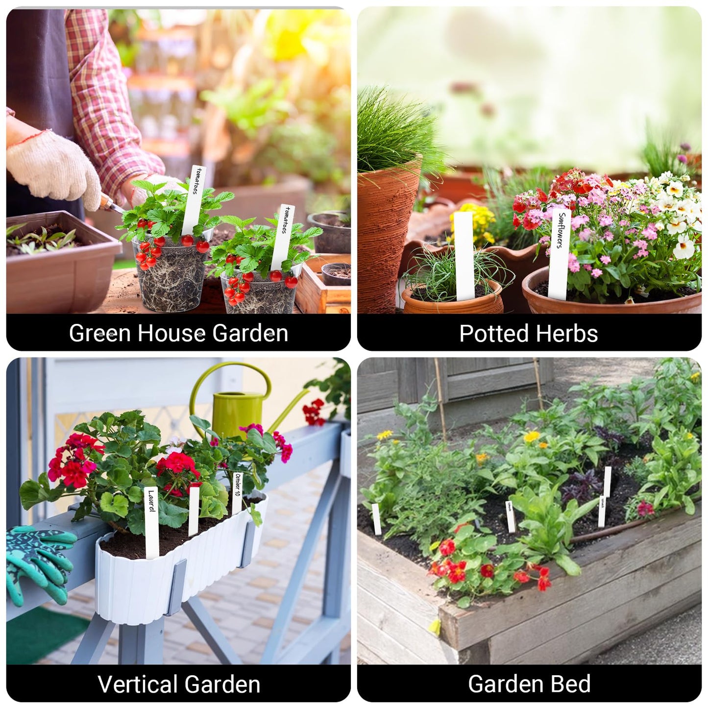 GREANER Window Boxes Planters with 100PCS 6inch White Plant Label, 3PCS 16x3.8 Inch Black Rectangle Planters Box with Drainage Holes and Trays, Herb Succulents Flowers Plastic Pot for Windowsill, Gard