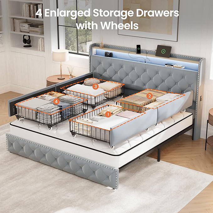 LARMACE King Size Bed Frame Velvet Upholstered LED Tufted King Platform Bed and