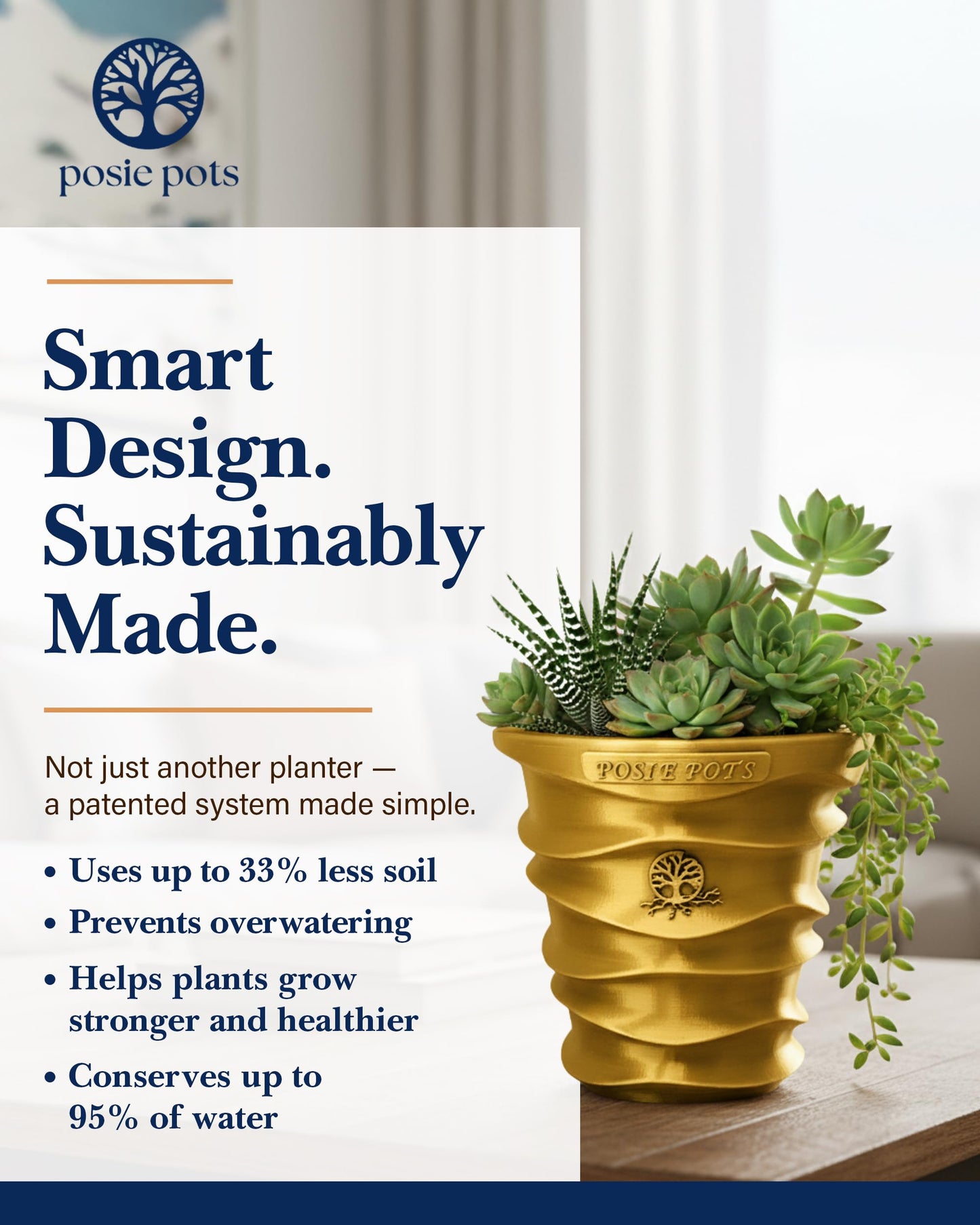 Posie Pot Medium Wave Self Watering Planter for Indoor Plants - 5x5 Inch Patented Pot with 10X Water Reservoir - Modern 3D Printed Desk Planter - Root Rot Free - Eco Friendly, Made in USA, Gold
