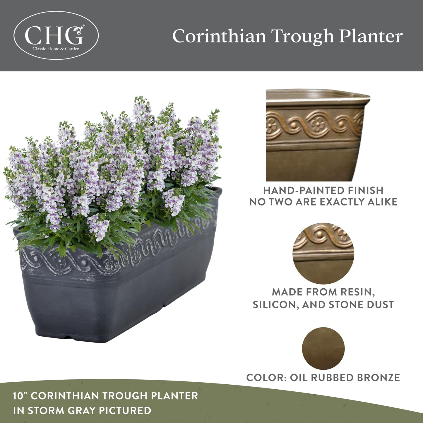Classic Home and Garden Corinthian Rectangular Planter Box w/Drain Plug - Long Planter for Window Sills & More - Window Box Planters for Herbs & Flowers (18” Oil Rubbed Bronze)