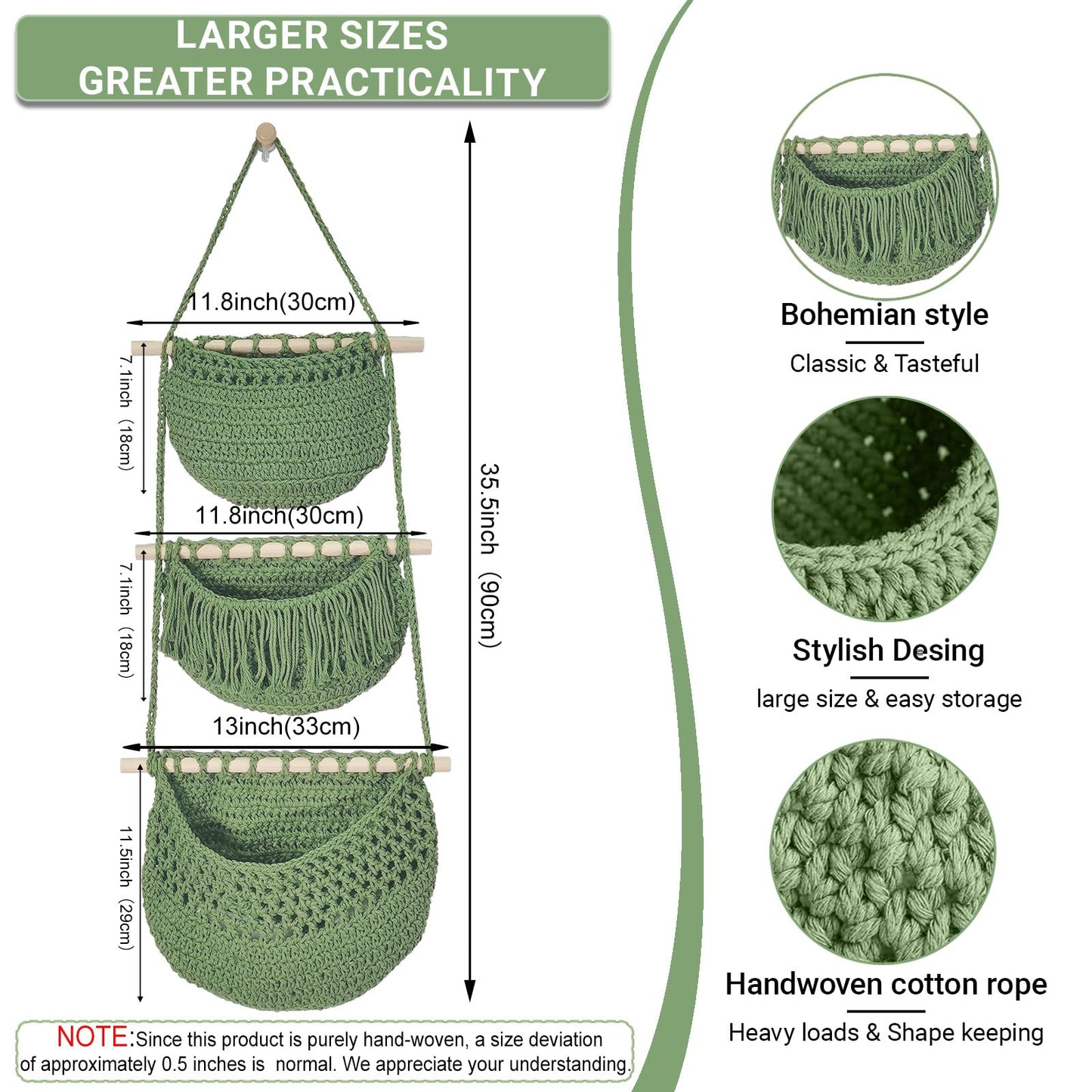 Halidali 3 Tier Hanging Fruit Baskets for Kitchen, Boho Cotton Rope Handwoven Vegetable Hammock Produce Storage Wall Mounted Large Organizing Basket for Farmhouse Decor, Onion, Potato (Green)