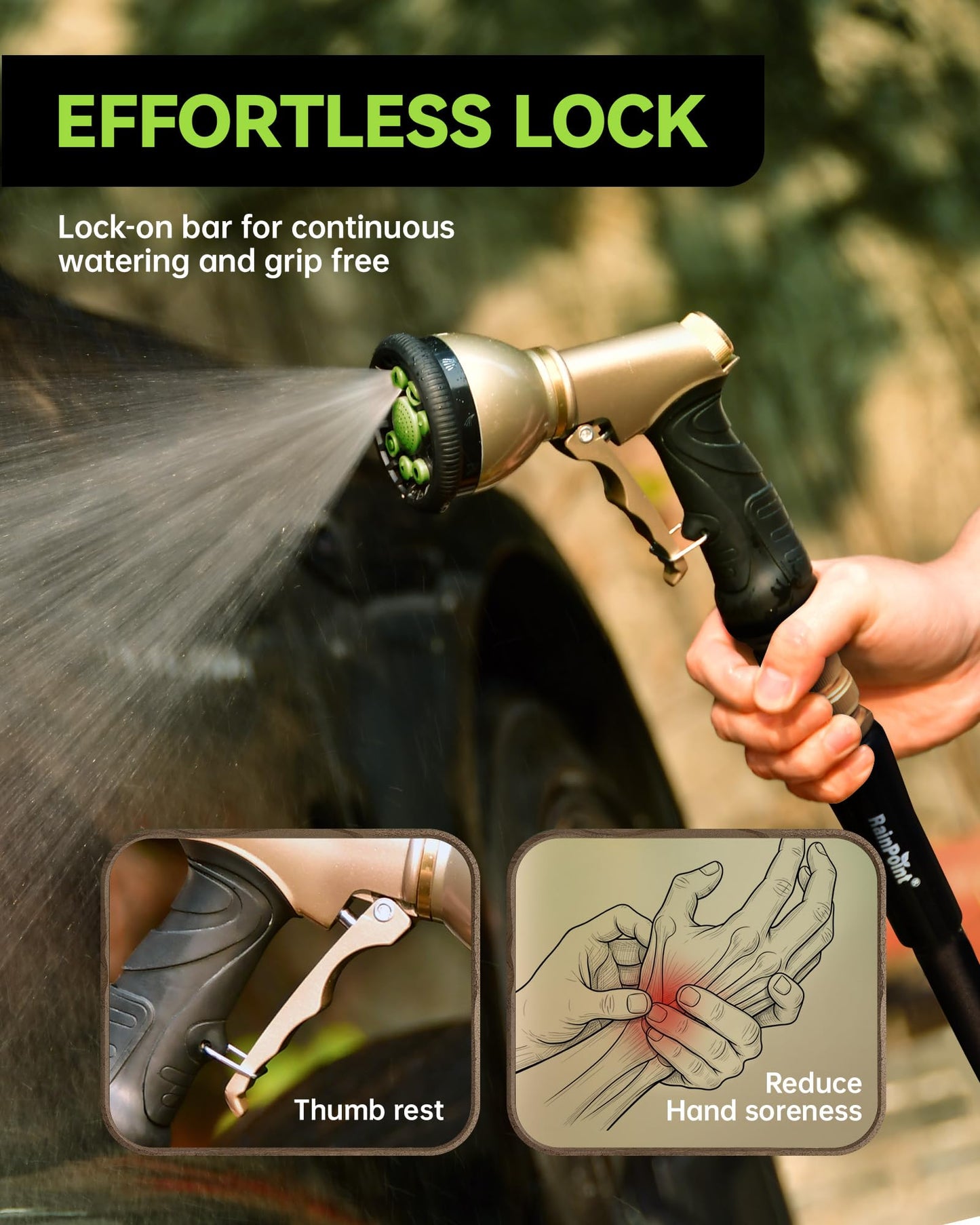 RAINPOINT Garden Hose Nozzle, 9 Spray Patterns Hose Sprayer Nozzle, Heavy Duty Metal Water Hose Nozzle, Adjustable Hand Sprayer, Watering Plants and Lawn, Pet Showering (Nozzle, Green)