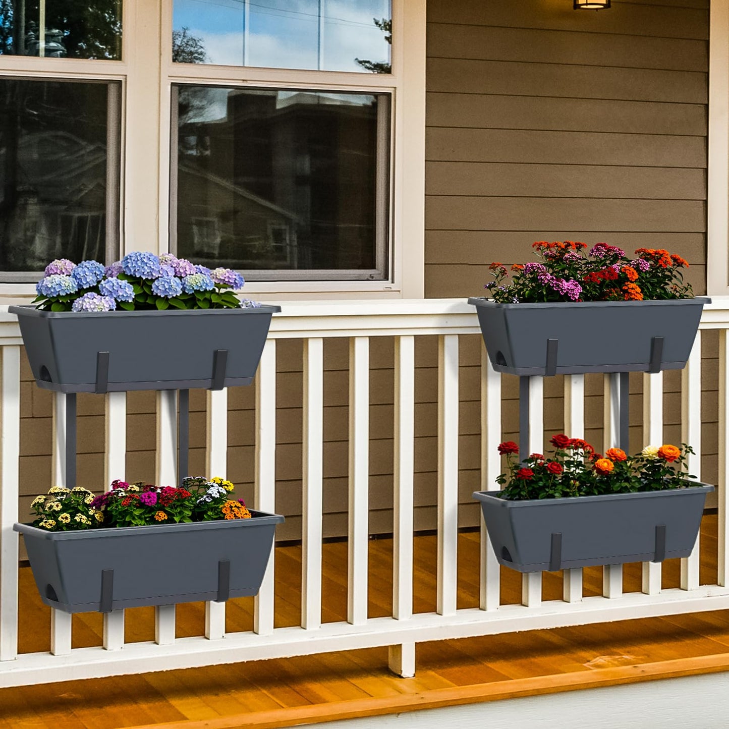 Deck Railing Planter Boxes 2 Tier Grey Window Boxes Planters Set of 2 with 4 Pack Rectangular Planter 16.9 Inch Outdoor Balcony Hanging Planters with Adjustable Brackets for Garden Porch Patio