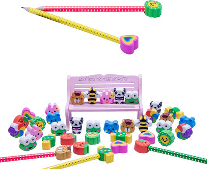 XANADU 35 PCS Pencil Top Erasers, Animal Pencil Erasers Toppers, Cute Heart Cap Erasers for Kids Back to School, Classroom Prize