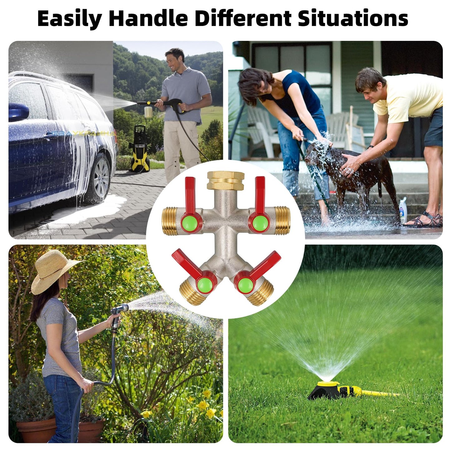 DINGBAI Hose Splitter 4 Way, High Flow Garden Hose Splitter, 3/4” Ght Inlet Brass Heavy Duty Hose Converter, Full Flow water 4 Way Faucet hose splitter, Long Handle Hose Valve Large Outlet.