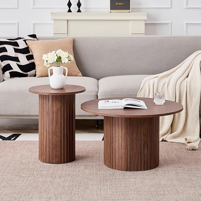 Round Nesting Coffee Table Set of 2 Mid Century Modern Wood Round Coffee Tables