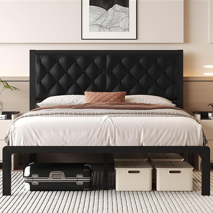 Fluest Queen Bed Frame with Headboard PU Leather Upholstered Bed Frame Platform