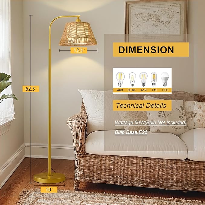 Oneach Arc Floor Lamp for Living Room, Rattan Boho Floor Lamp