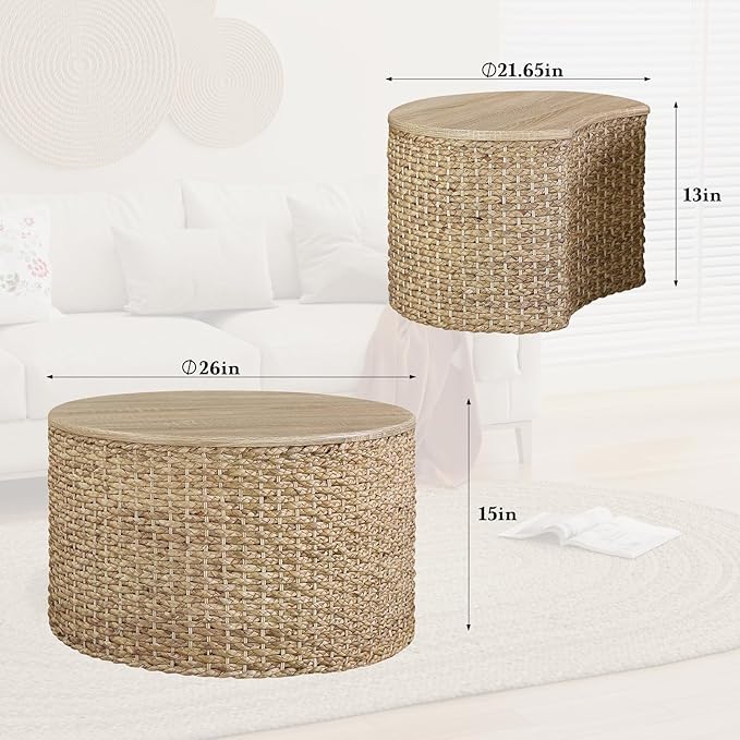 Nesting Coffee Table Set of 2, Rustic Crate and Barrel Coffee Table, Hand-Woven