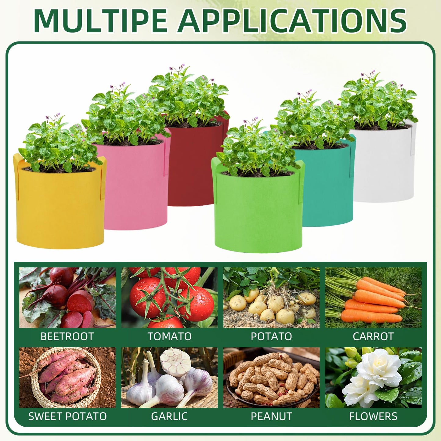 AiVeUao 12 Pack 7 Gallon Multicolor Grow Bags, Potato Planting Bag, Colorful Plant Grow Bags with Handles, Garden Planter Pots for Potatoes, Carrots, Tomatoes with Plant Labels, Mixed Color