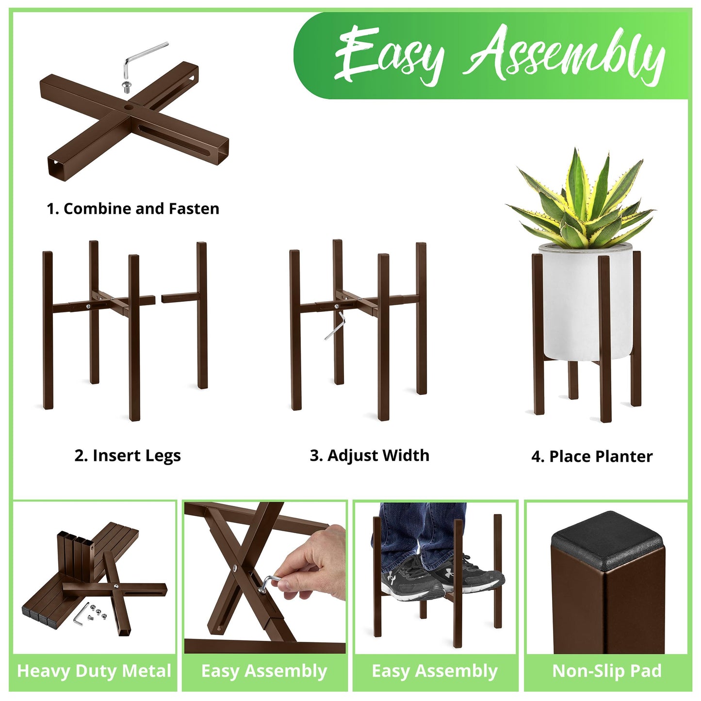 Sorbus Adjustable Metal Plant Stand – Mid Century Style Flower Pot Holder, 10 to 16 Inches Planter Stand for Modern Home Décor, Houseplants – Plant & Pot NOT INCLUDED (Brown, 1 Pack)