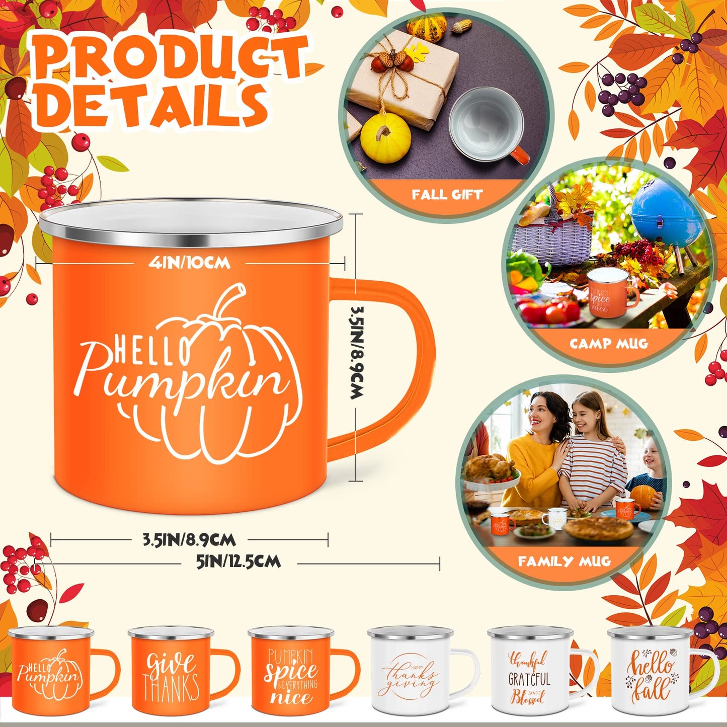 Fall Coffee Mugs 12 oz Thanksgiving Enamel Mug Autumn Coffee Mug Outdoor Camper Mug Hello Fall Pumpkin Spice Give Thanks Sign Camping Tea Cup Decor for Christmas Halloween Party Campfire(24 Pcs)