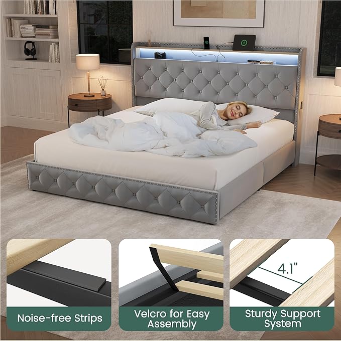 LARMACE King Size Bed Frame Velvet Upholstered LED Tufted King Platform Bed and
