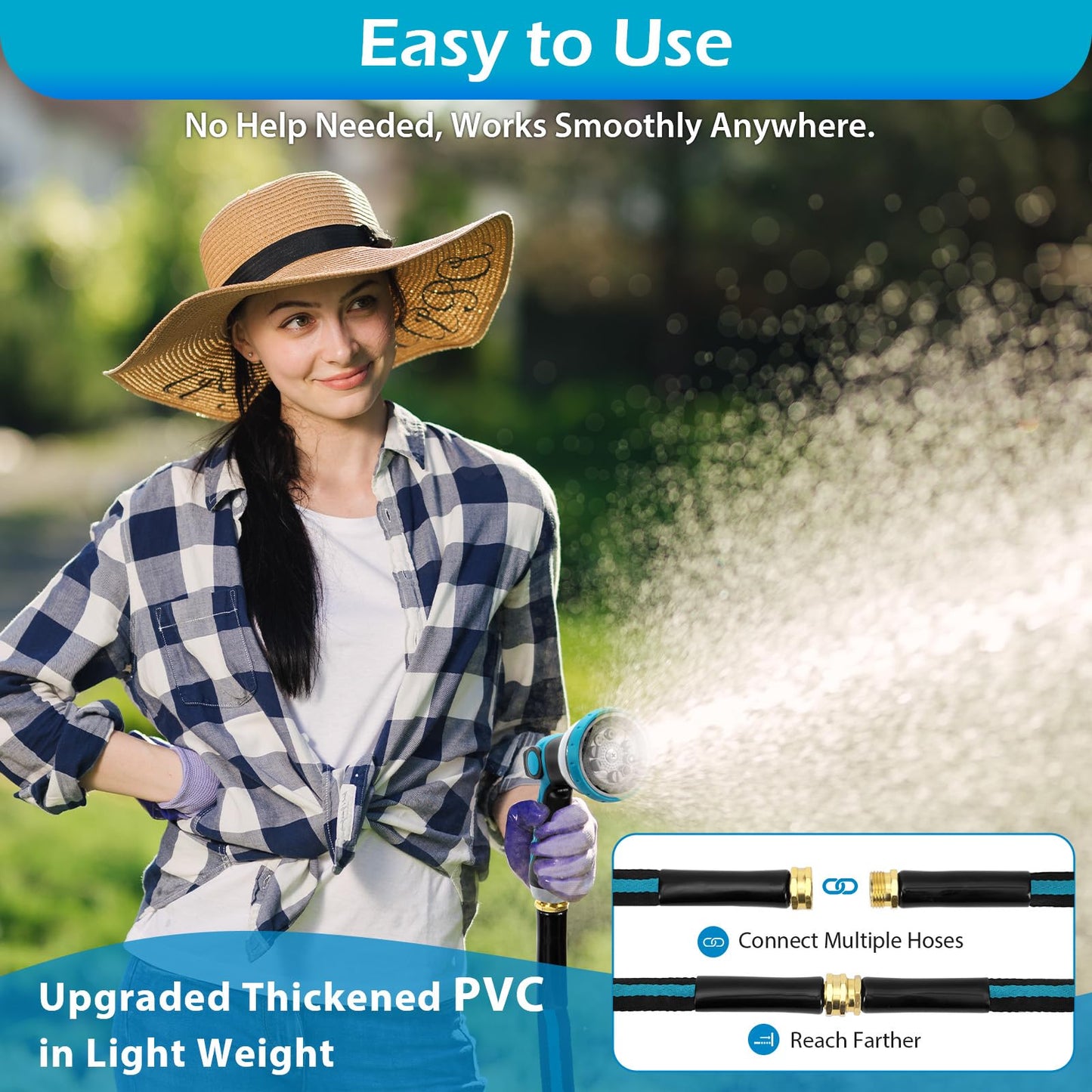 WHOBUY 100FT Non-Expandable Garden Hose, Flexible Water Hose with Spray Nozzle, Kink-Resistant, Leakproof 3/4" Brass Connectors, Lightweight & Portable Water Pipe for Yard, Lawn Outdoor