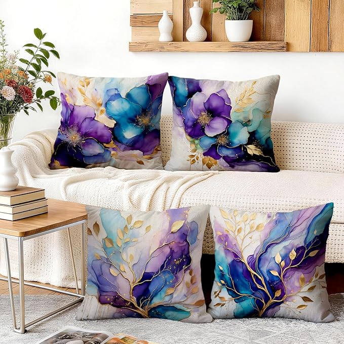 OBSEDE Decorative Throw Pillow Covers Set of 4, 18x18 Inch Purple and Blue