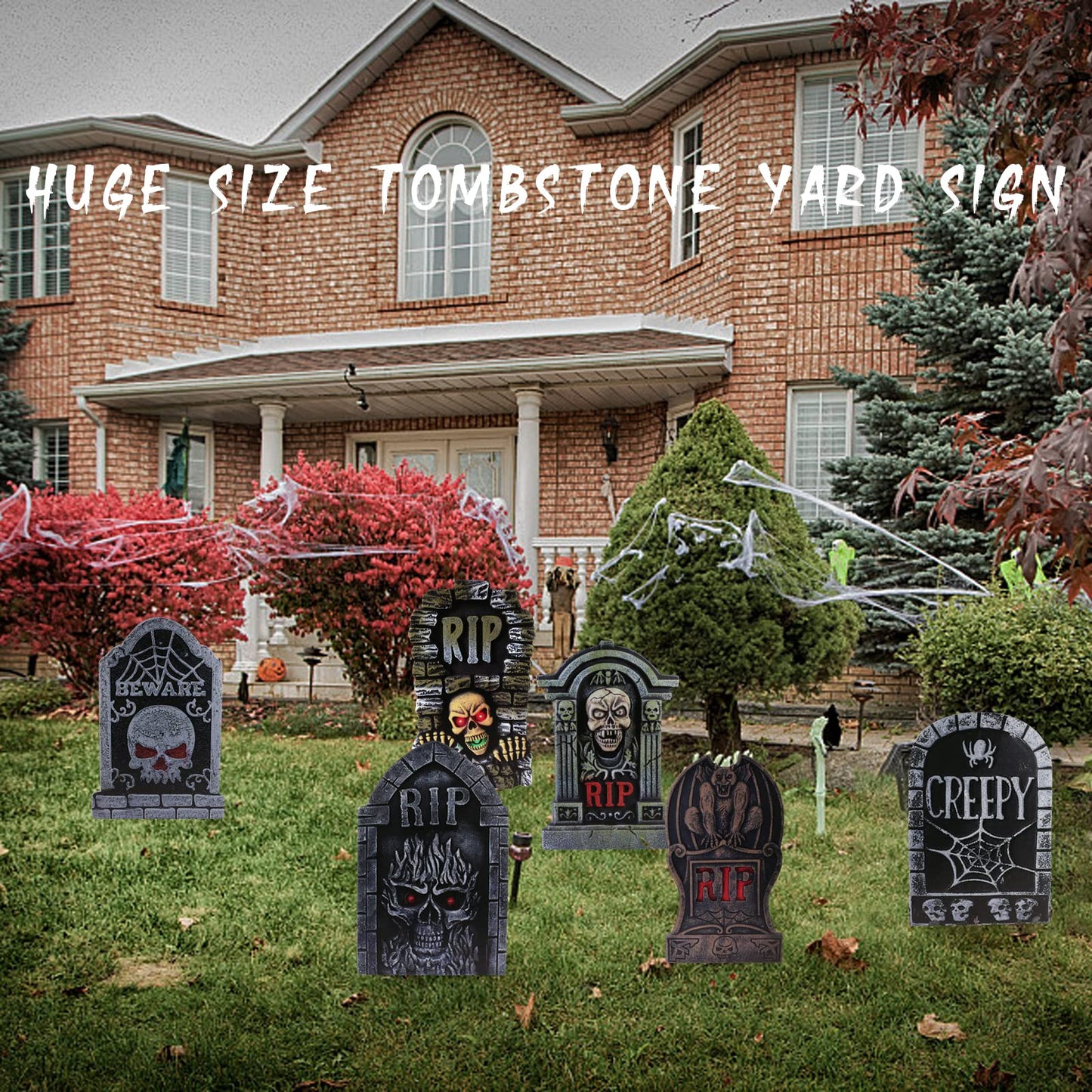 17in Tombstones Yard Sign with Stakes, 6PCS Graveyard Halloween Decorations Scary Gravestone Headstone Lawn Signs Halloween Decor Halloween Tombstones & Cemetery Decorations Waterproof(Large)