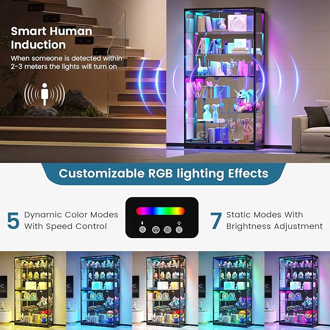 Large Display Cabinet with Glass Doors, 8-Tier RGB Curio Cabinet with Smart