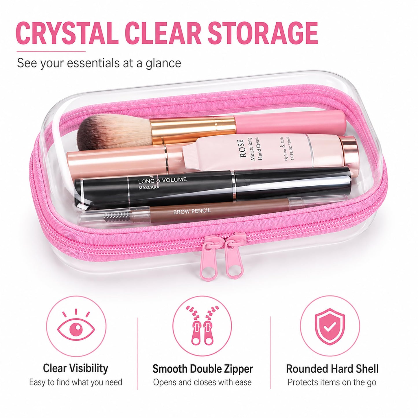 2-Pack Clear Hardshell Zipper Case, 1.2mm Thicken Crush-Proof Travel Toiletries Bag, TSA Approved Portable Zipper Pouches, Rigid Toiletry & Diaper Bag Organizer for Tech, Toys & Art Supplies(Pink)