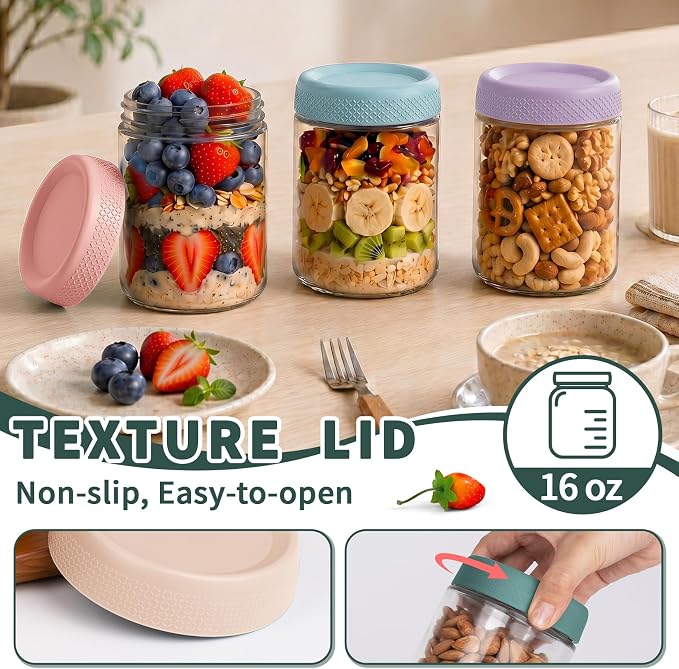 Mason Jars, 16oz Overnight Oats Containers with Lids, 6 Pack Wide Mouth Glass Mason Jars with Airtight Lids, Sugar Bowls, Overnight Oats Jars for Yogurt, Meal Prep, Chia Pudding