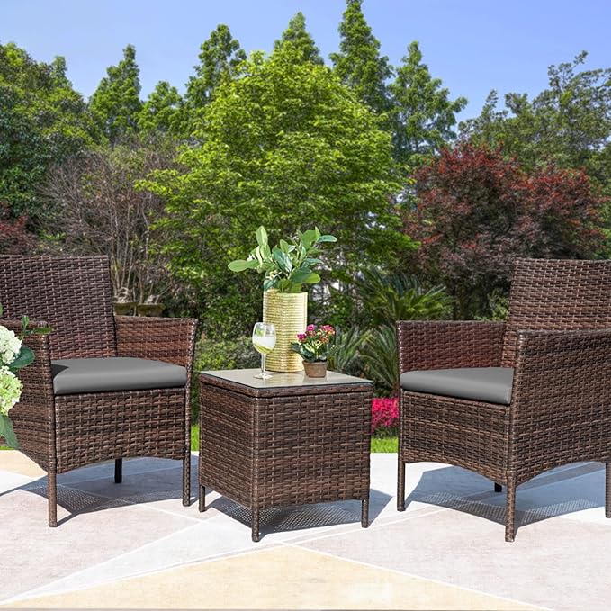 Greesum 3 Pieces Patio Furniture Sets Outdoor PE Rattan Wicker Chairs