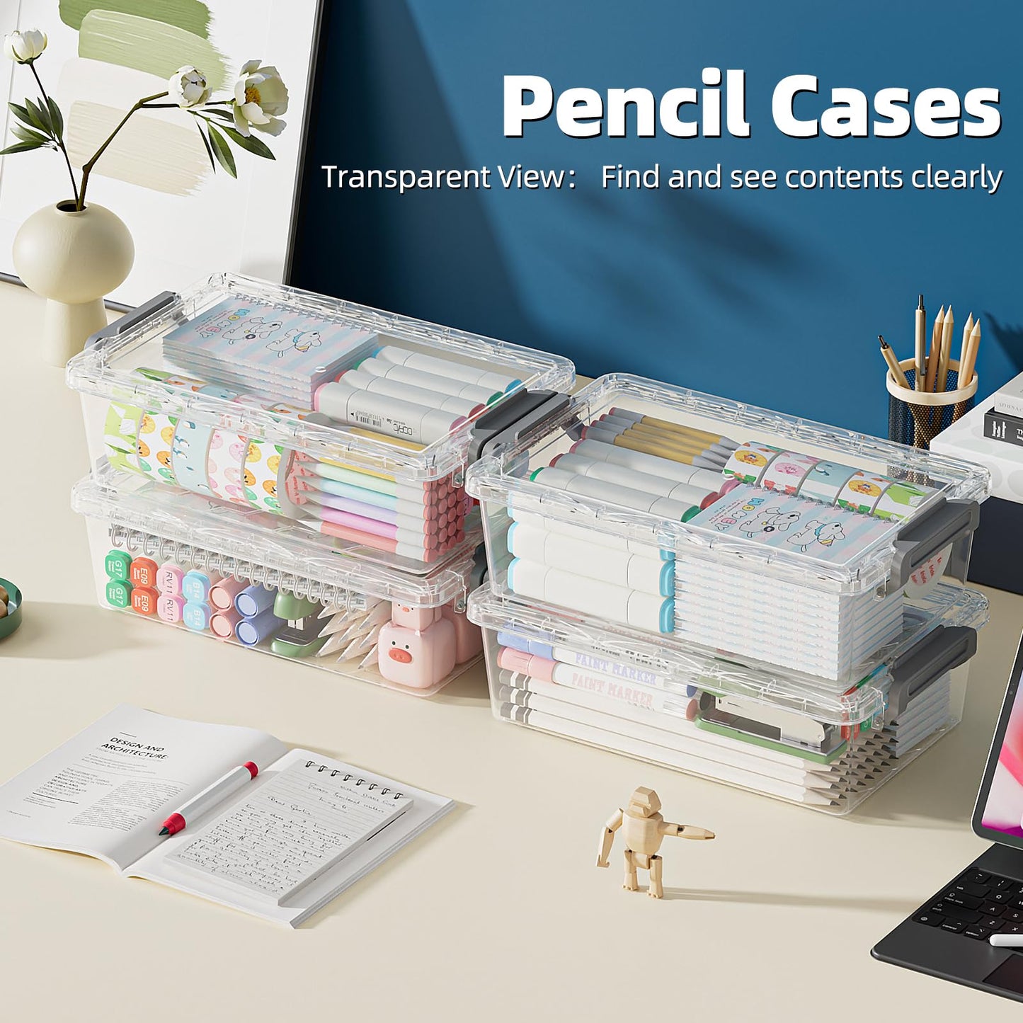 BiuLeon 4 Pack Extra Large Pencil Box, Plastic Pencil Case Organizer, Clear Crayon Box Marker Organizer, Stackable Craft Organizers and Storage for Pen, Craft, Art Supply(Pink)