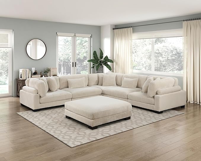 Modular Corner Seat, Plush Beige Corduroy Sofa, Customizable Living Room