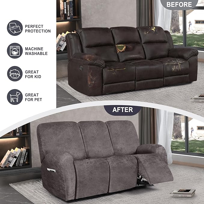 ANARACHON Leather Look Recliner Couch Cover, 8-Pieces Stretch Recliner Sofa