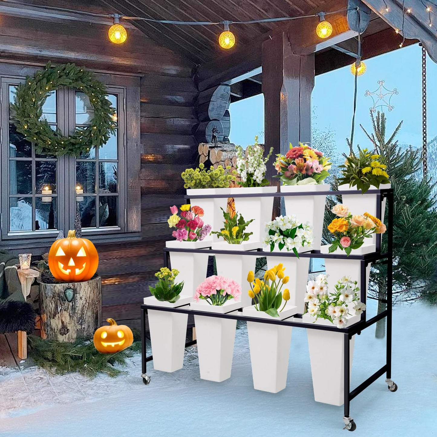 Flower Display Stands with Buckets, 3-Tier Rolling Plant Stand with Locking Wheels - Heavy Duty Metal Flower Cart for Indoor/Outdoor Use, Wedding Decor & Florist Displays (Holds 12 Pots) (Black)