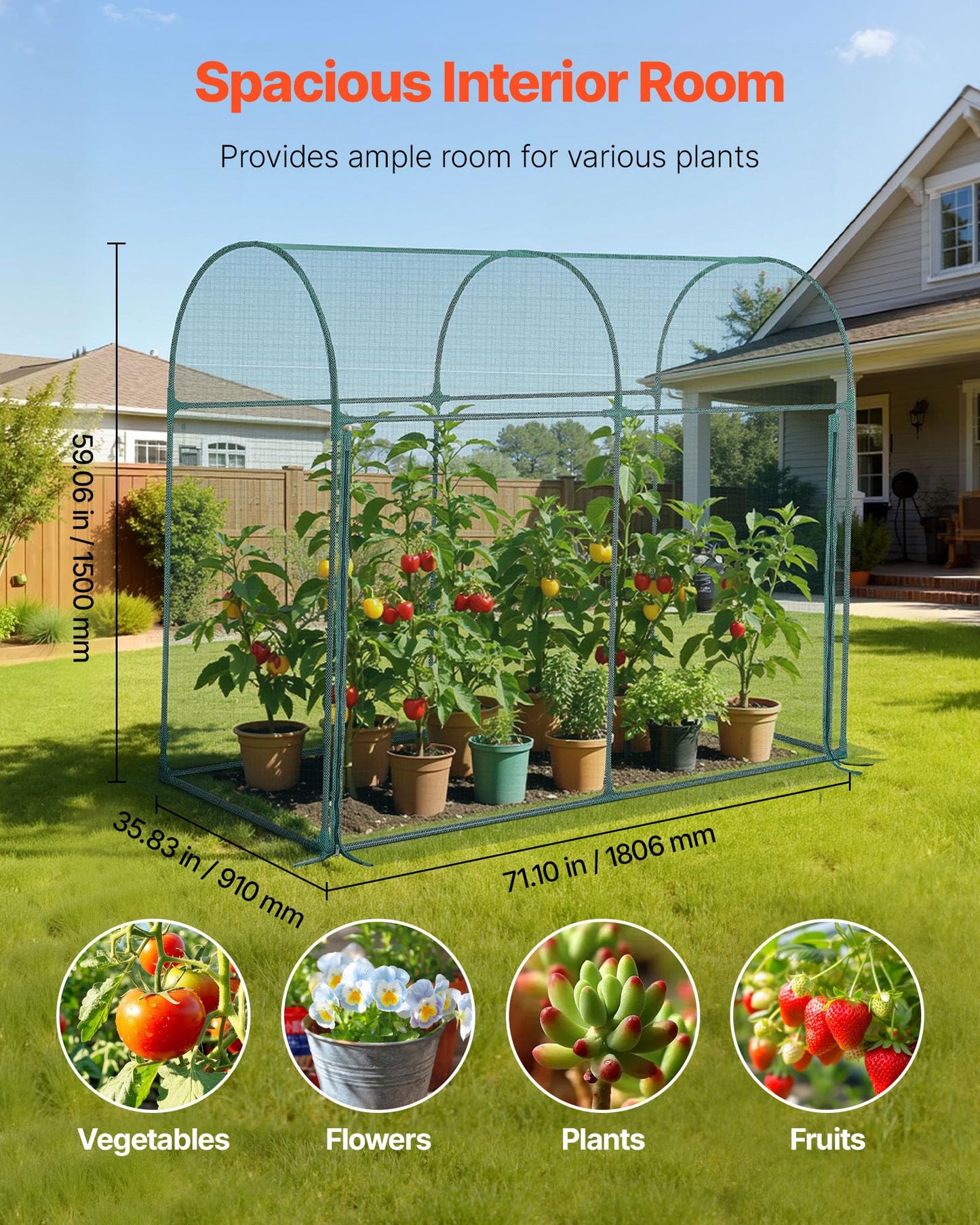 VEVOR Crop Cage, 5.9 x 2.98 x 4.9 ft Plant Protection Tent with Zippered Door, Wind-Resistant Tall Crop Cage, Easy to Install, Outdoor Raised Bed Cover with Frame, Plant Netting for Garden Patio Lawn