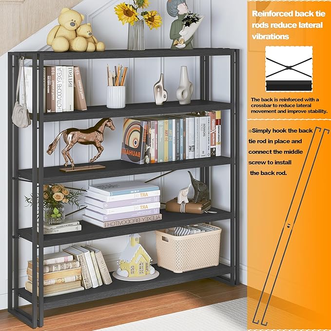 HCHQHS Bookshelf, 5-Tier Industrial Bookcase, Freestanding Tall Bookshelves