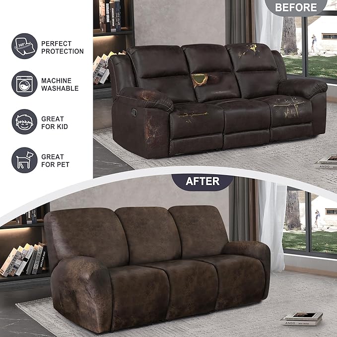 ANARACHON Leather Look Recliner Couch Cover, 8-Pieces Stretch Recliner Sofa