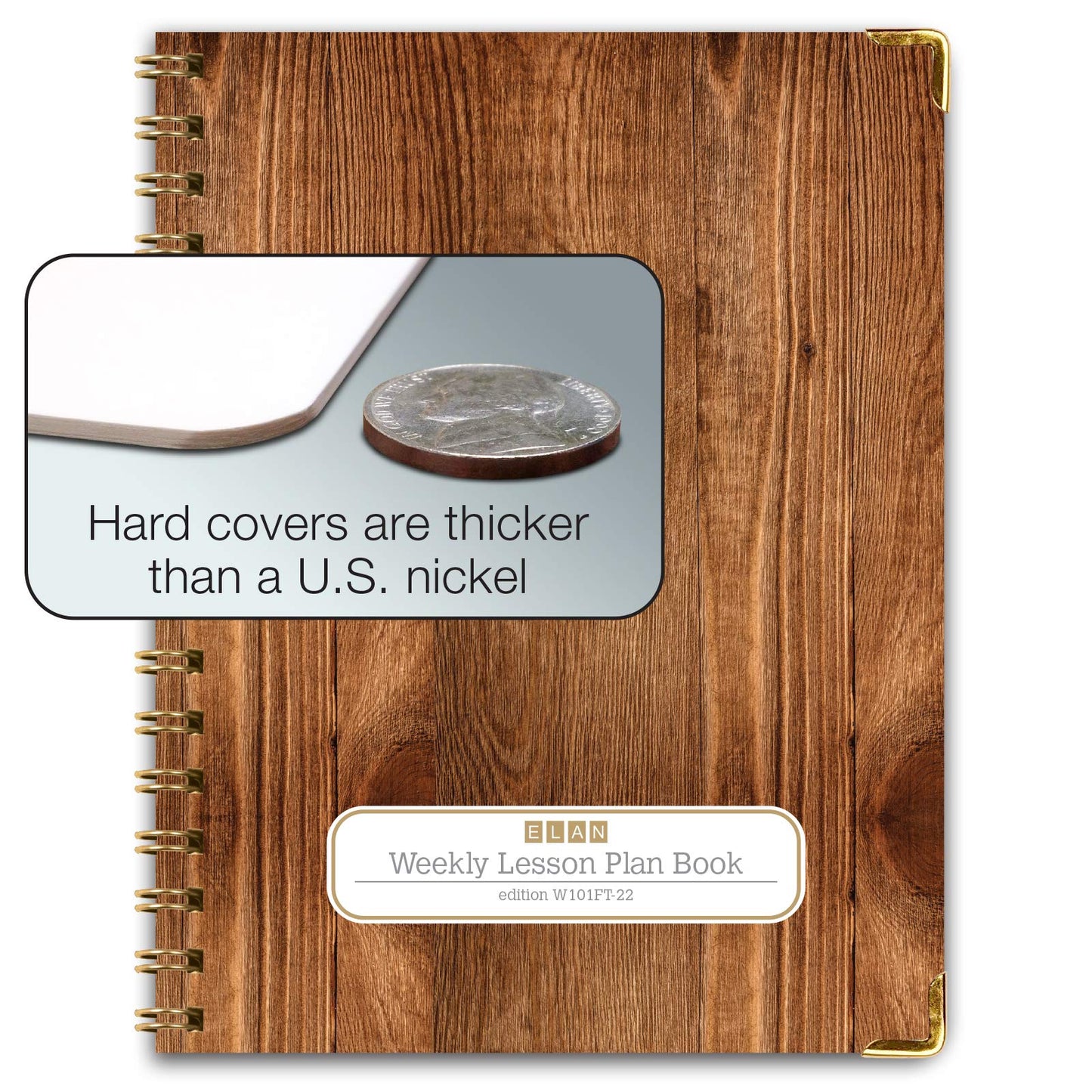 Elan Publishing Company HARDCOVER 7 Period Teacher Lesson Planner - Days Horizontally Across the Top with Bonus Clip-in Bookmark (Woodgrain)