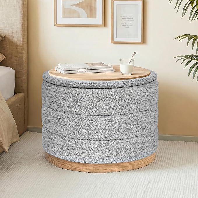 Round Storage Ottoman with Tray Lid, Folding Chenille Fabric Footrest with