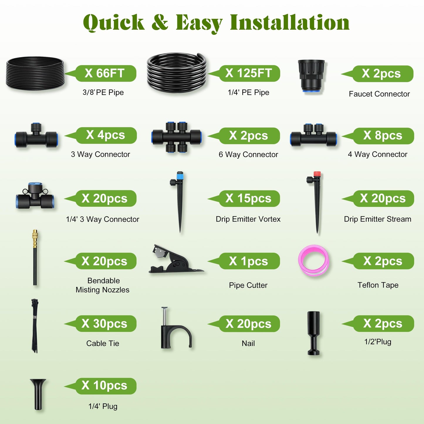 Drip Irrigation Kit for Garden, Automatic Plant Watering System with Quick Connect Fittings, Water Saving Irrigation Tubing Hose and Accessories for Yard, Greenhouse, Lawn & Raised Bed (191FT)