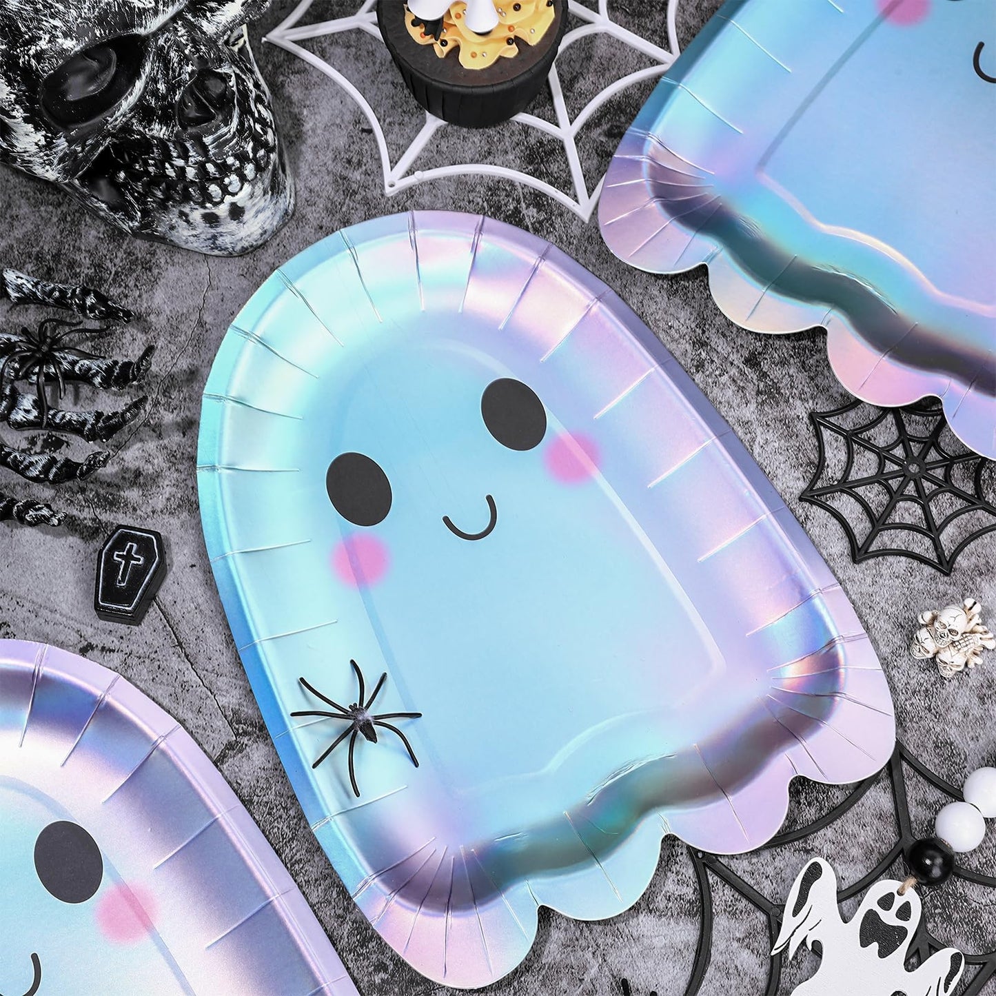 Whaline 40 Pcs Halloween Ghost Paper Plates Iridescent Cute Boo Disposable Plates Foil Ghost Halloween Party Tableware for Birthday Baby Shower Table Decor Supplies
